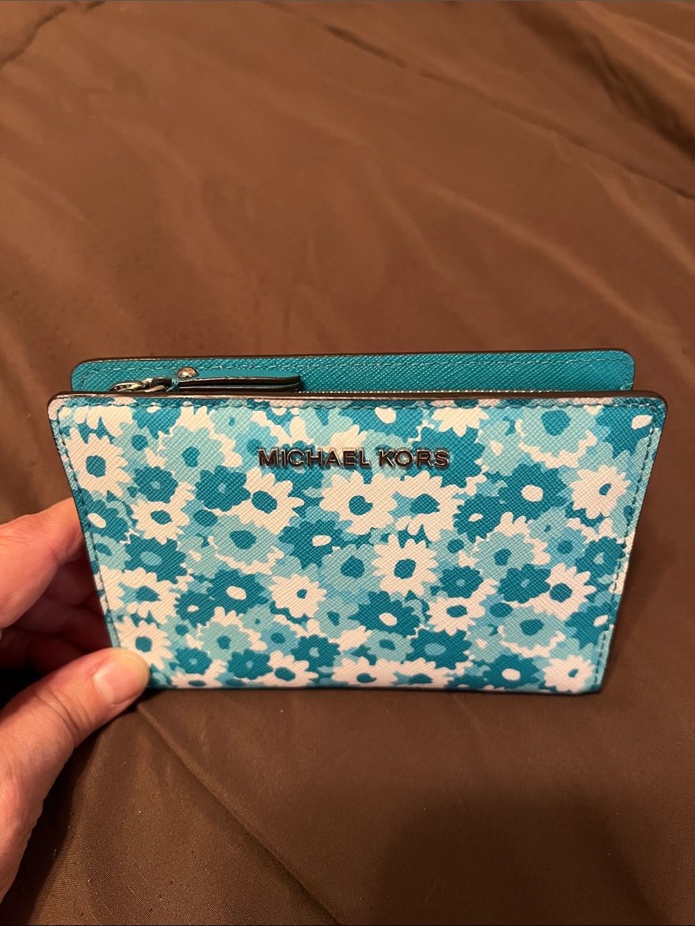 Michael Kors Teal Floral Zip Card Wallet